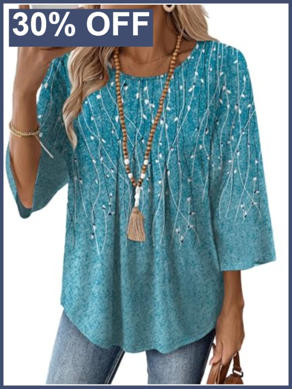 Womens Pleated 3/4 Sleeve Blouse Dressy Casual Round Neck Peasant Top